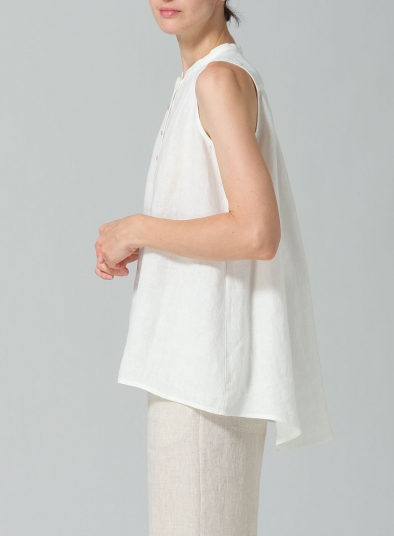 Linen Mandarin Collar A-Line Sleeveless Shirt