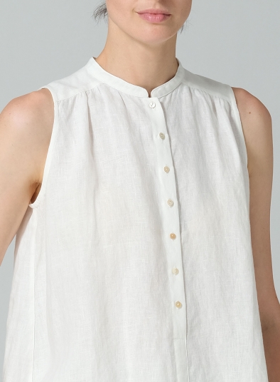 Linen Mandarin Collar A-Line Sleeveless Shirt