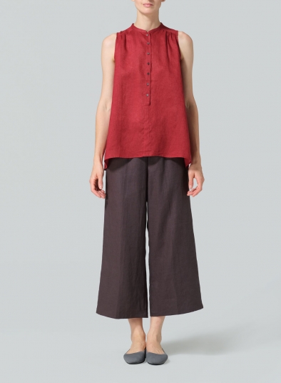 Linen Mandarin Collar A-Line Sleeveless Shirt