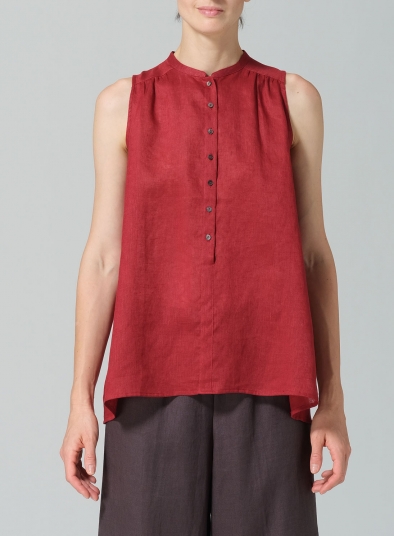 Linen Mandarin Collar A-Line Sleeveless Shirt