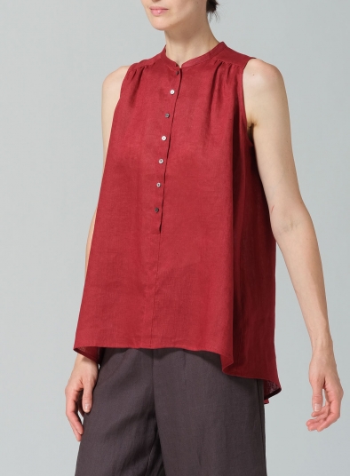 Linen Mandarin Collar A-Line Sleeveless Shirt