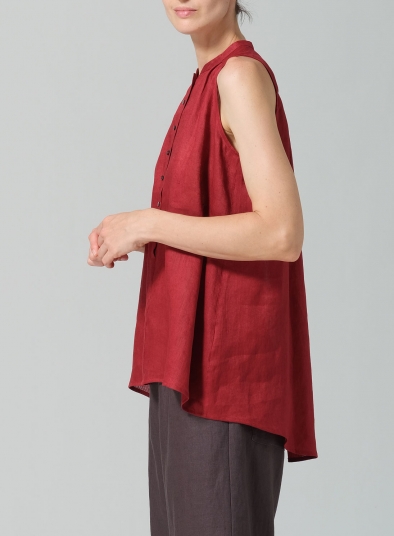 Linen Mandarin Collar A-Line Sleeveless Shirt