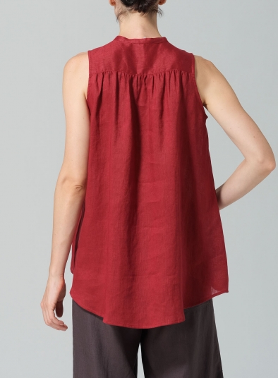 Linen Mandarin Collar A-Line Sleeveless Shirt