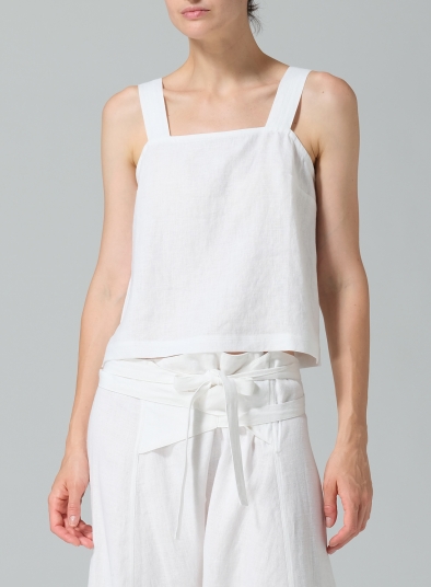 Linen Square Neckline Button-Back Straight Short Tank