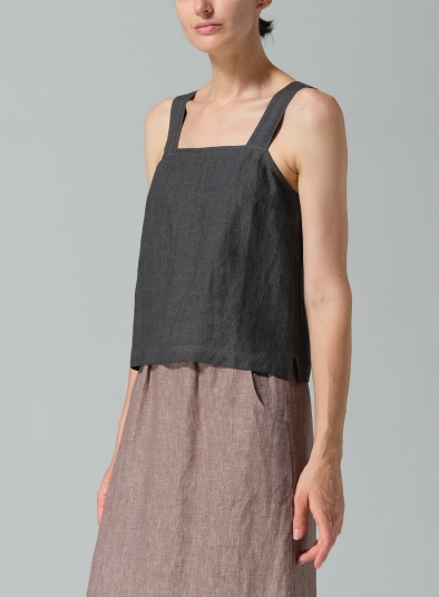 Linen Square Neckline Button-Back Straight Short Tank