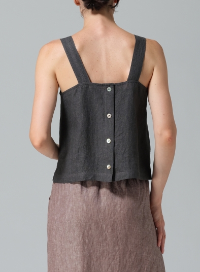 Linen Square Neckline Button-Back Straight Short Tank