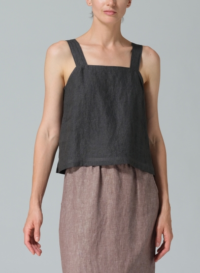 Linen Square Neckline Button-Back Straight Short Tank