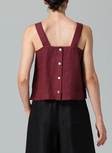 Linen Square Neckline Button-Back Straight Short Tank