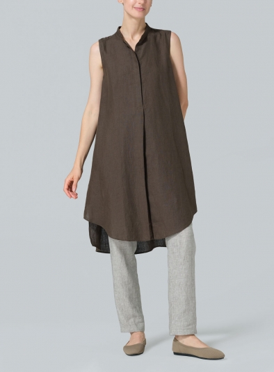 Linen Sleeveless A-shape Tunic with Mandarin Collar