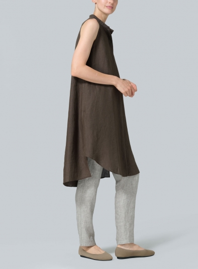 Linen Sleeveless A-shape Tunic with Mandarin Collar