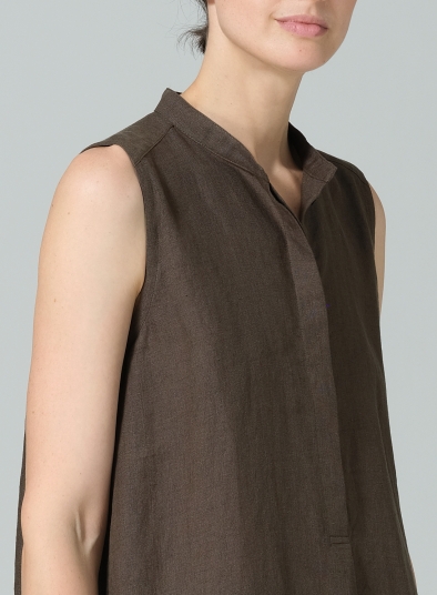 Linen Sleeveless A-shape Tunic with Mandarin Collar