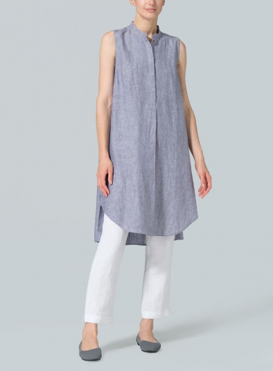 Linen Sleeveless A-shape Tunic with Mandarin Collar