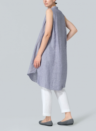 Linen Sleeveless A-shape Tunic with Mandarin Collar