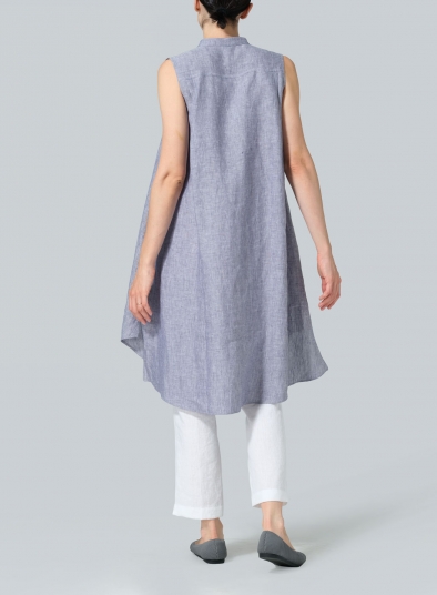 Linen Sleeveless A-shape Tunic with Mandarin Collar