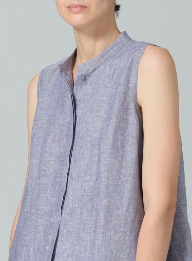 Linen Sleeveless A-shape Tunic with Mandarin Collar