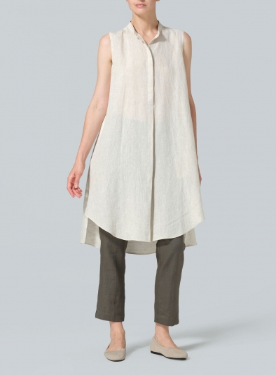 Linen Sleeveless A-shape Tunic with Mandarin Collar