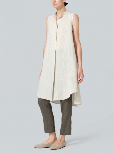 Linen Sleeveless A-shape Tunic with Mandarin Collar