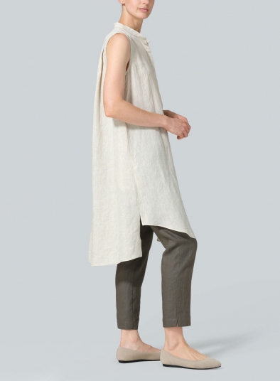 Linen Sleeveless A-shape Tunic with Mandarin Collar