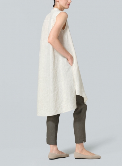 Linen Sleeveless A-shape Tunic with Mandarin Collar