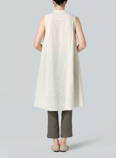 Linen Sleeveless A-shape Tunic with Mandarin Collar