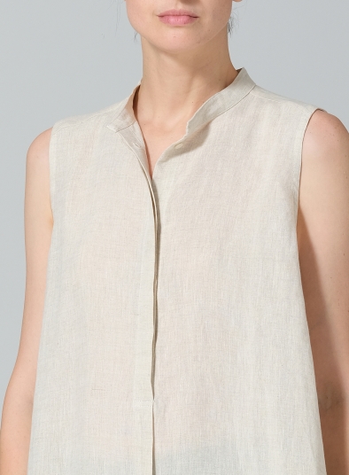 Linen Sleeveless A-shape Tunic with Mandarin Collar