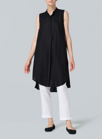 Linen Sleeveless A-shape Tunic with Mandarin Collar