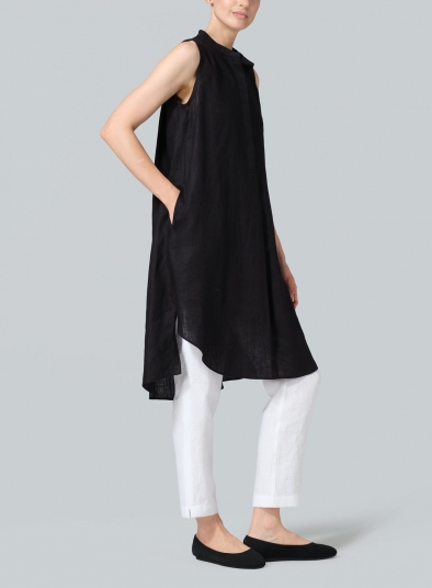 Linen Sleeveless A-shape Tunic with Mandarin Collar