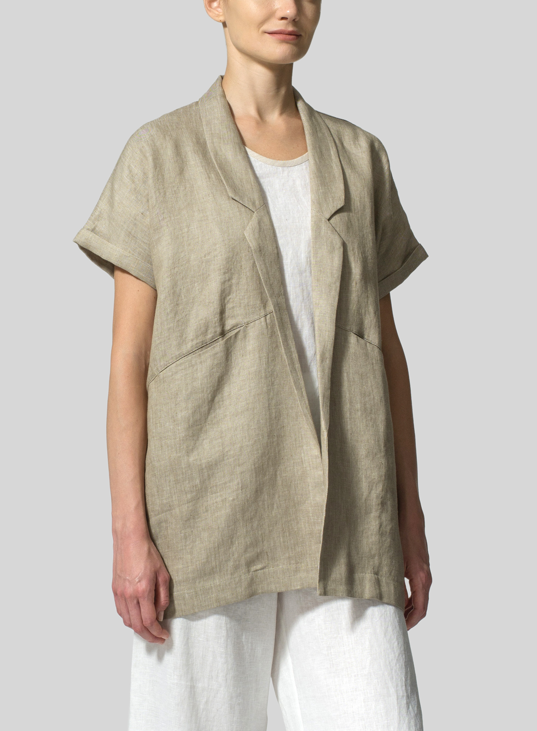 Twill Weave Linen Oversized Short Sleeve Jacket - Plus Size