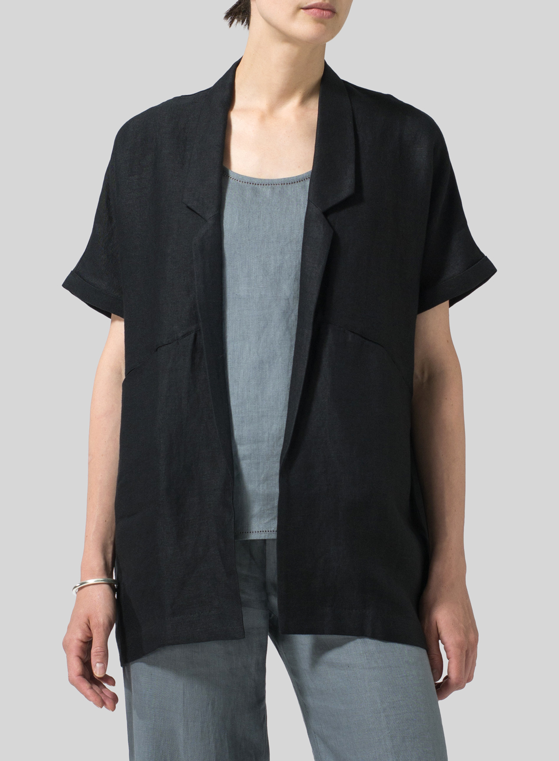 Twill Weave Linen Oversized Short Sleeve Jacket - Plus Size