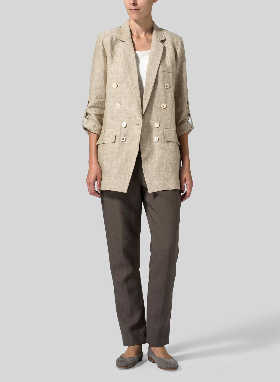 Linen Double-Breasted Roll Sleeve Jacket