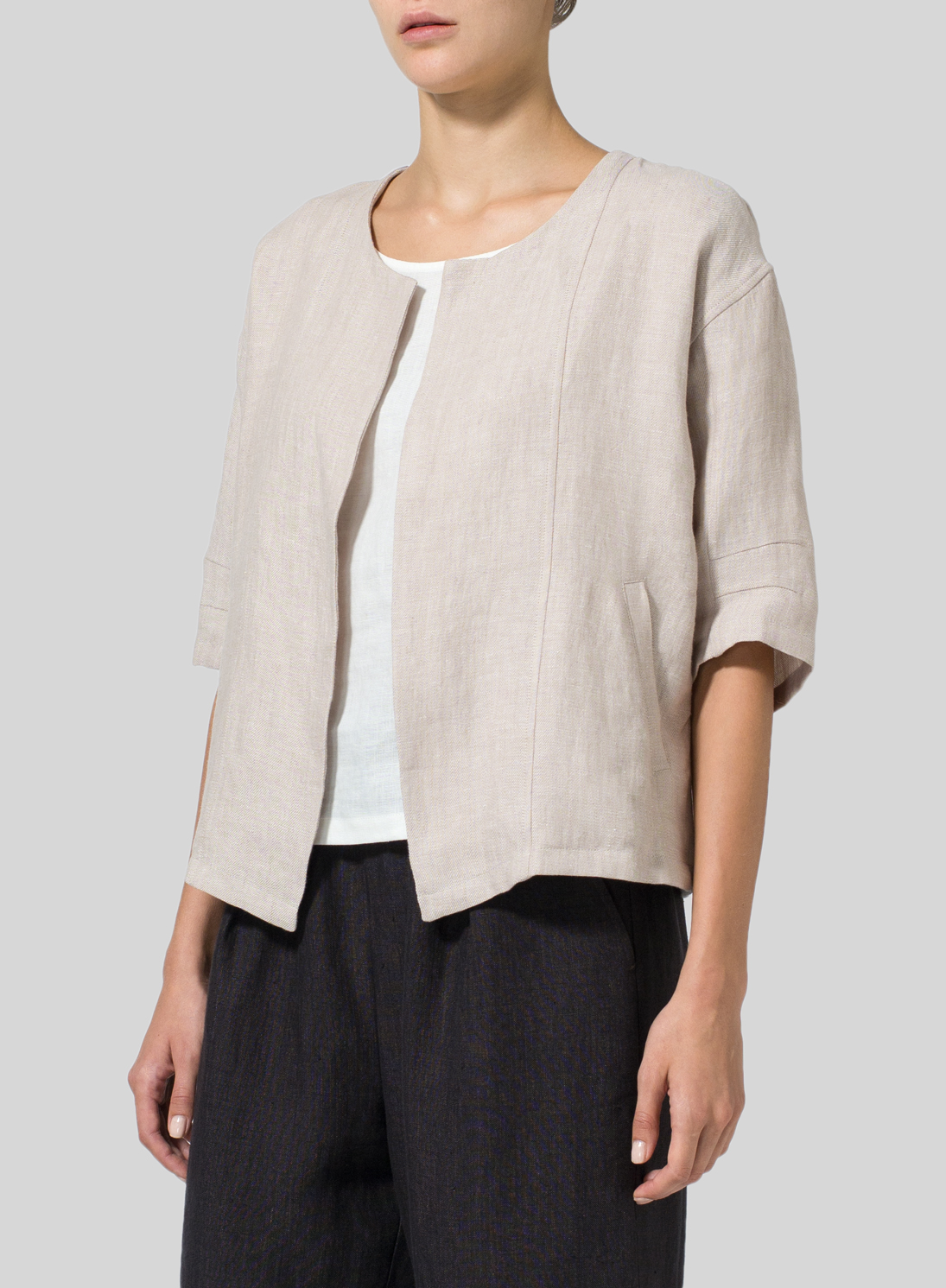 Twill Weave Linen Open Front Jacket - Plus Size