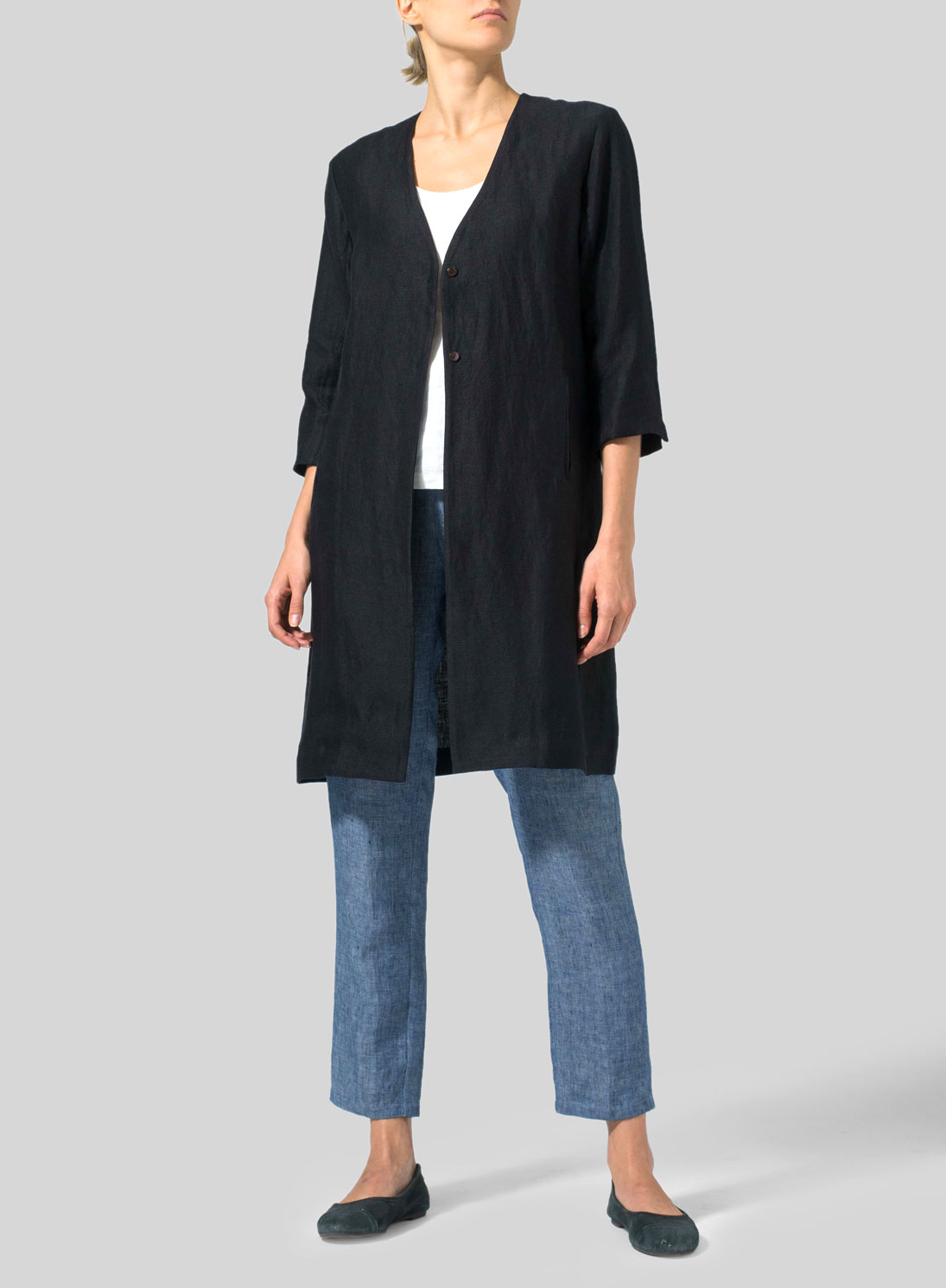 Linen Straight Fit V-Neck Long Jacket