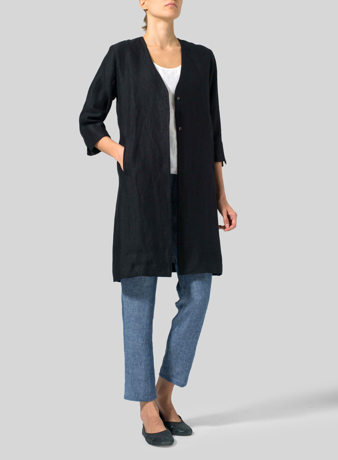 Linen Straight Fit V-Neck Long Jacket