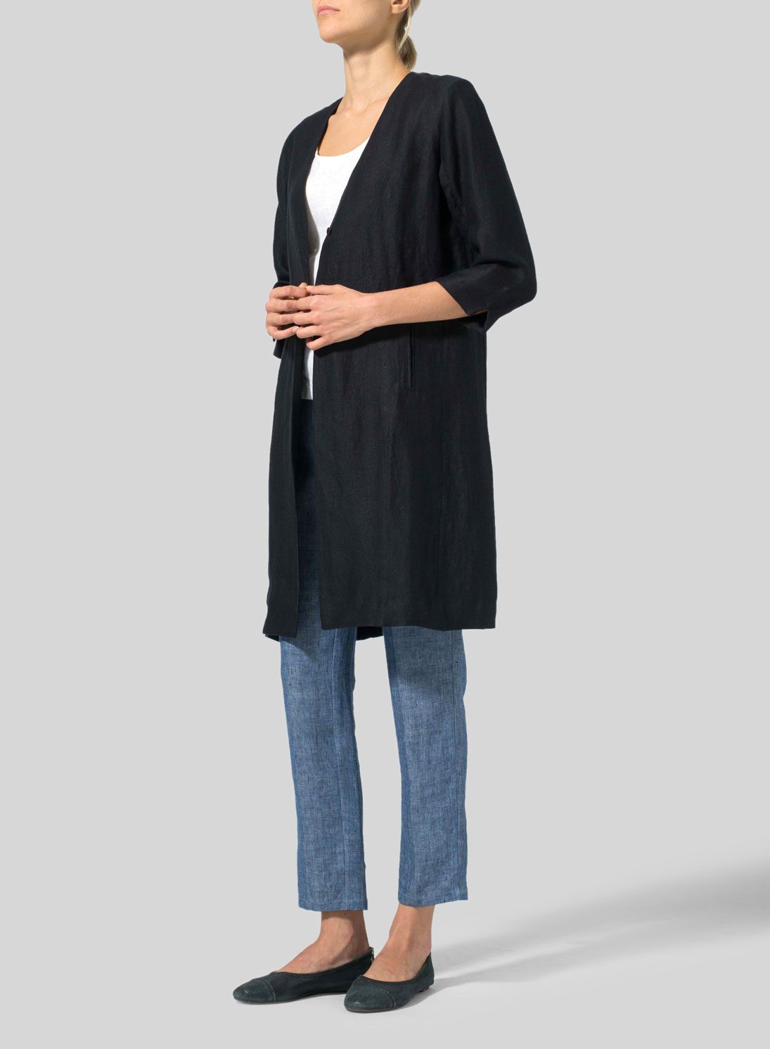 Linen Straight Fit V-Neck Long Jacket