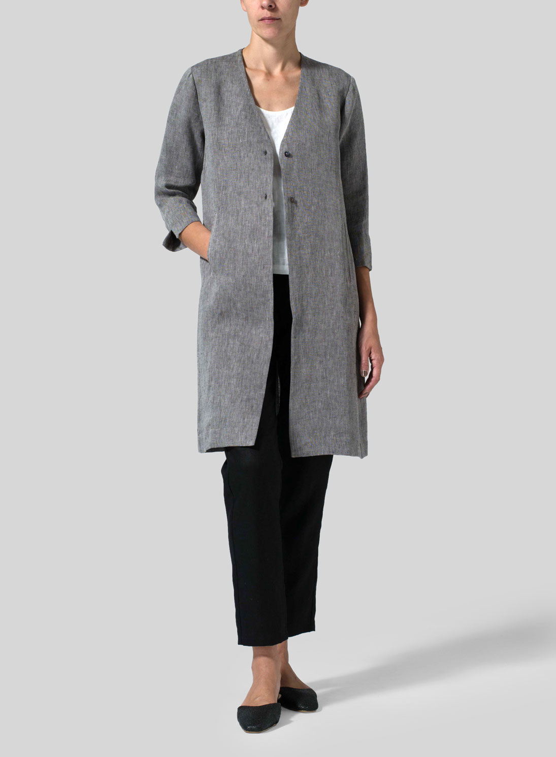 Linen Straight Fit V-Neck Long Jacket