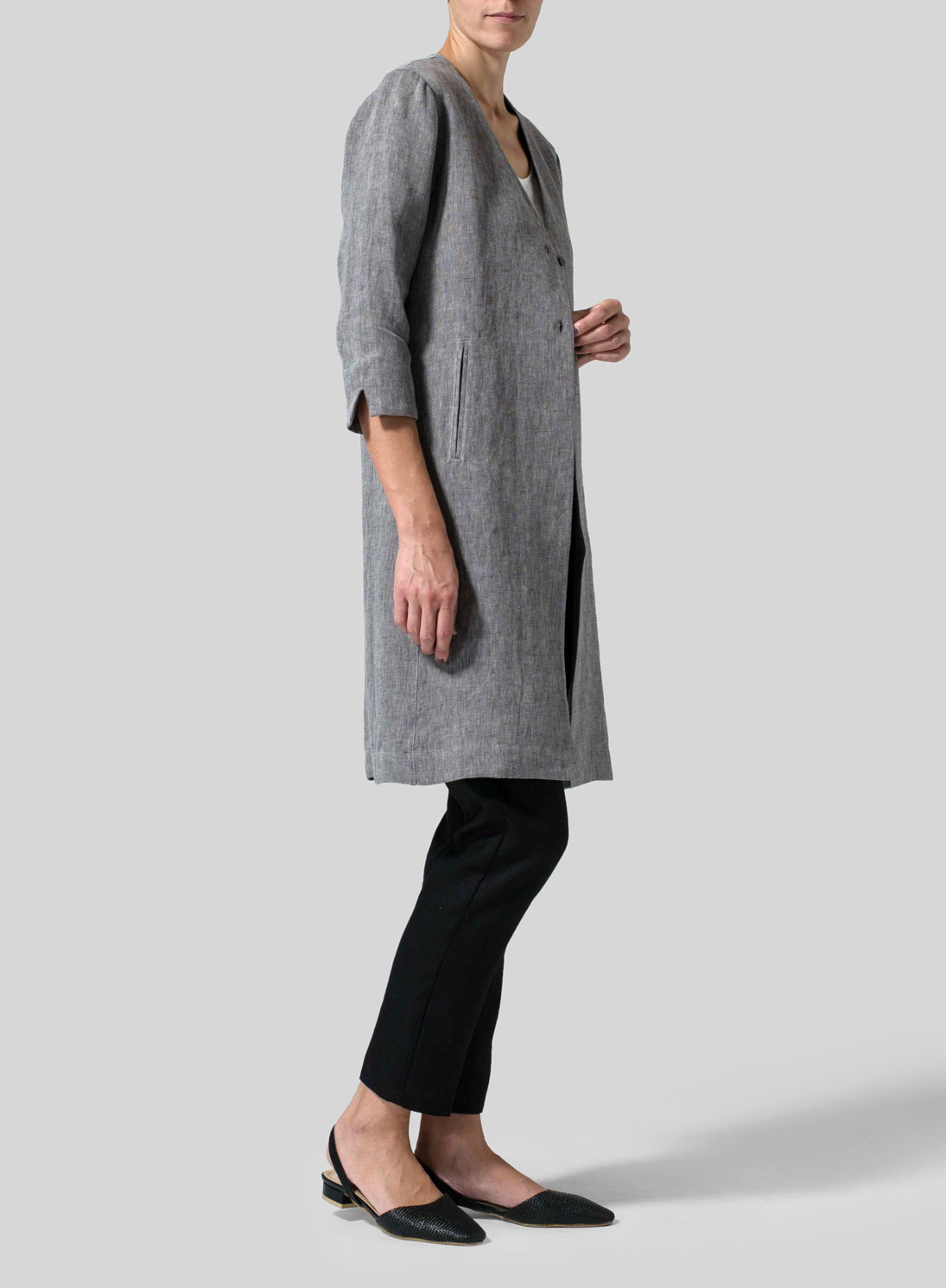 Linen Straight Fit V-Neck Long Jacket