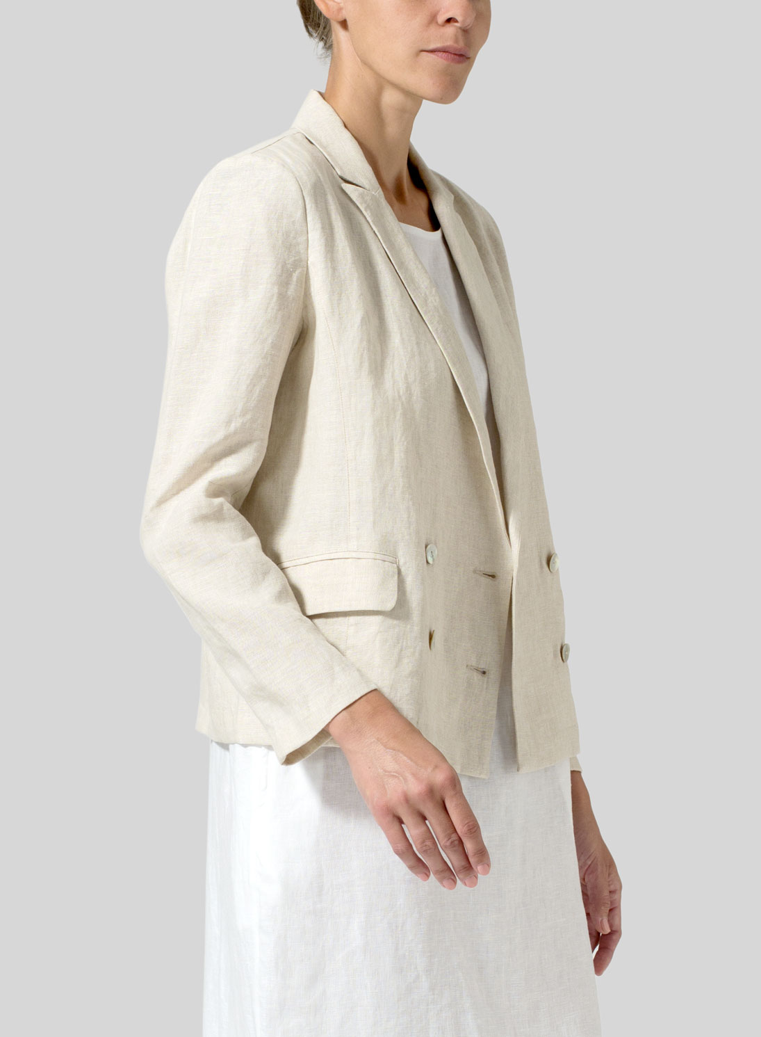 Uptown Aesthetic Beige Linen Belted Double-Breasted Blazer