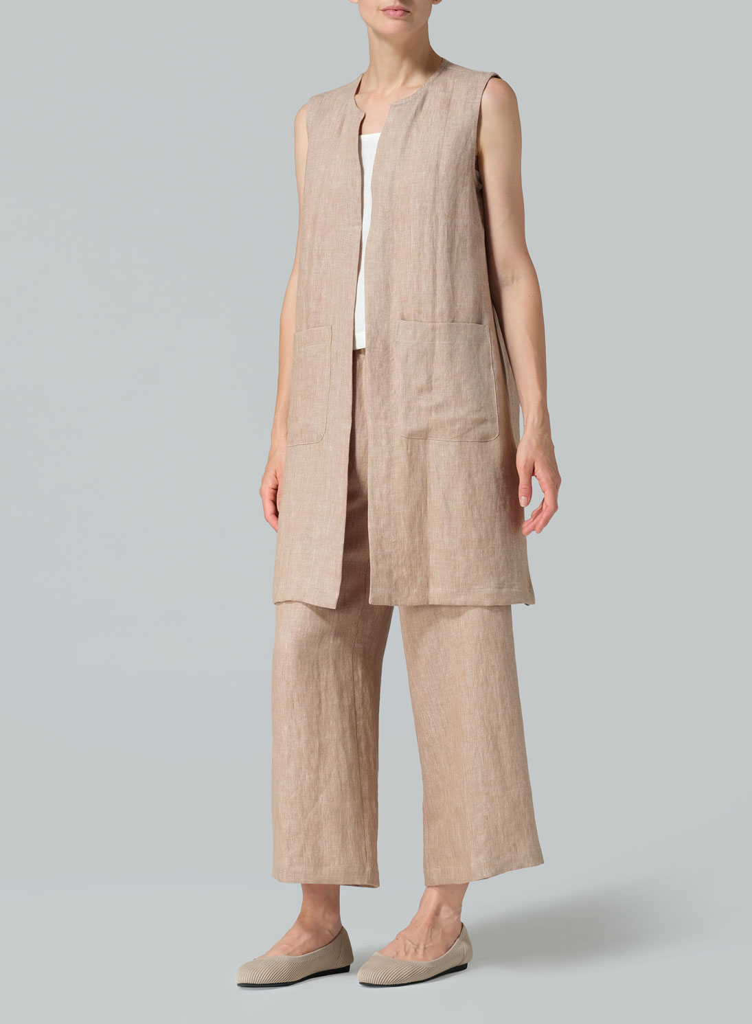 Linen Open Front Straight Long Vest Jacket