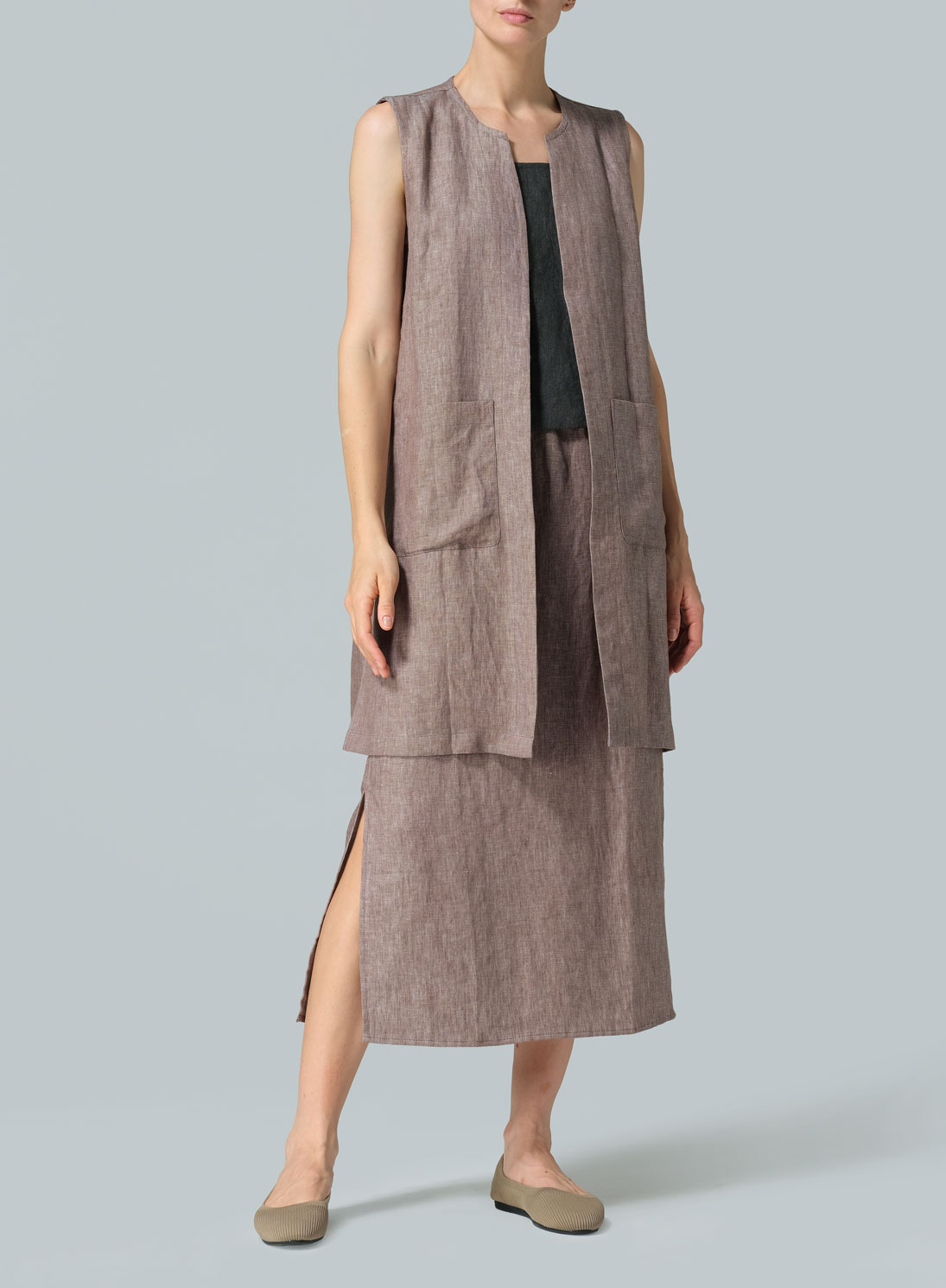 Linen Open Front Straight Long Vest Jacket