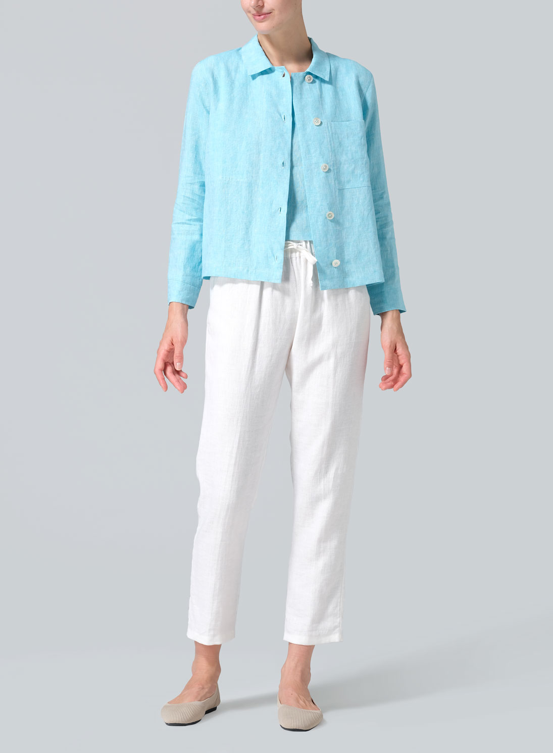 Linen Cropped Shirt Jacket with Pockets