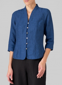 Linen Fitted Mandarin Collar Jacket - Plus Size