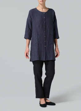 Linen Round Neck Button Front Top