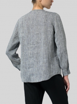 Linen Round Neck Long Sleeve Shirt - Plus Size