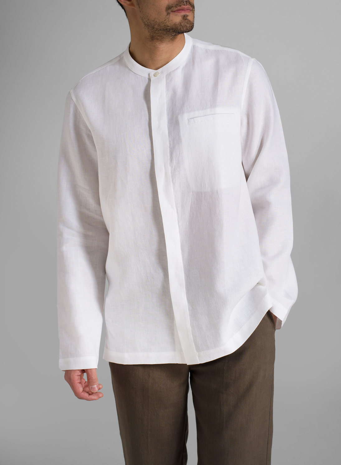 Linen Men Round Neckline Long Sleeve Shirt