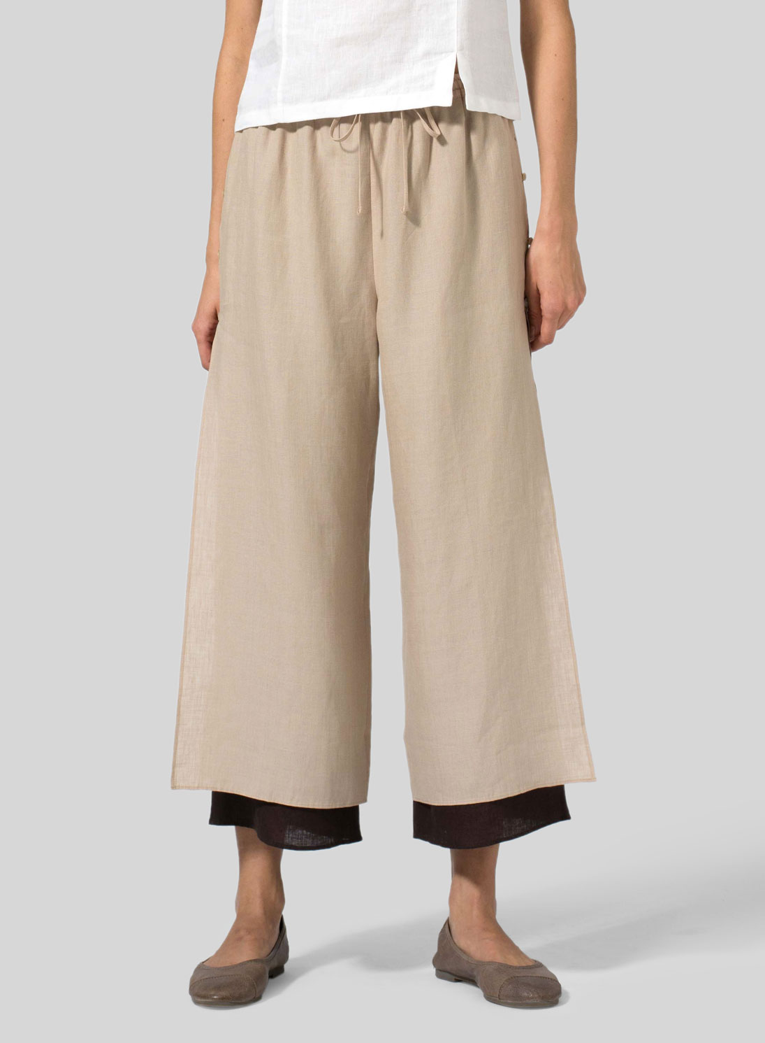 Linen Double-Layer Cropped Pants With Sea Shell Button