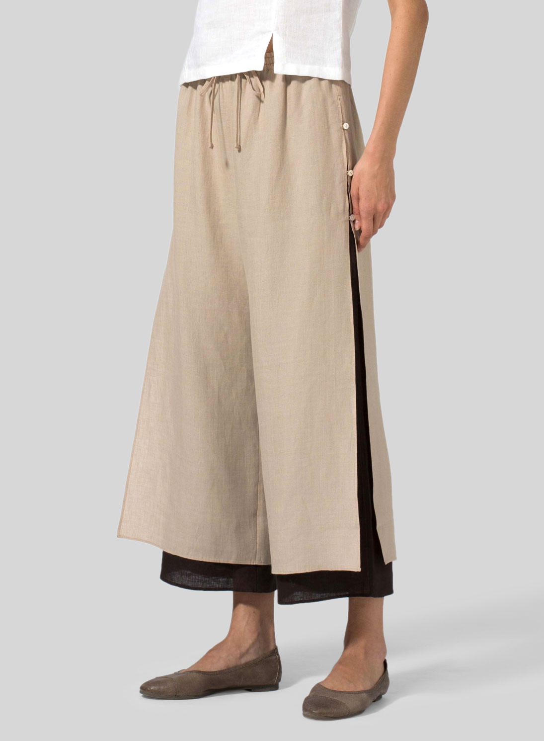 Linen Double-Layer Cropped Pants With Sea Shell Button