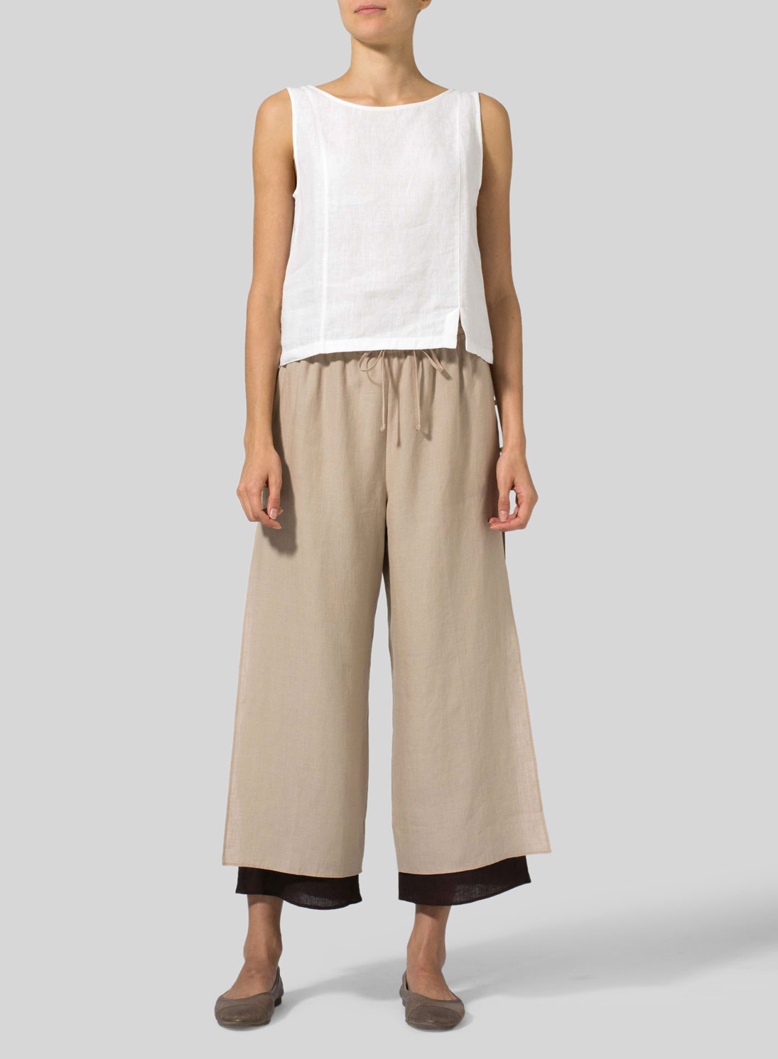 Linen Double-Layer Cropped Pants With Sea Shell Button