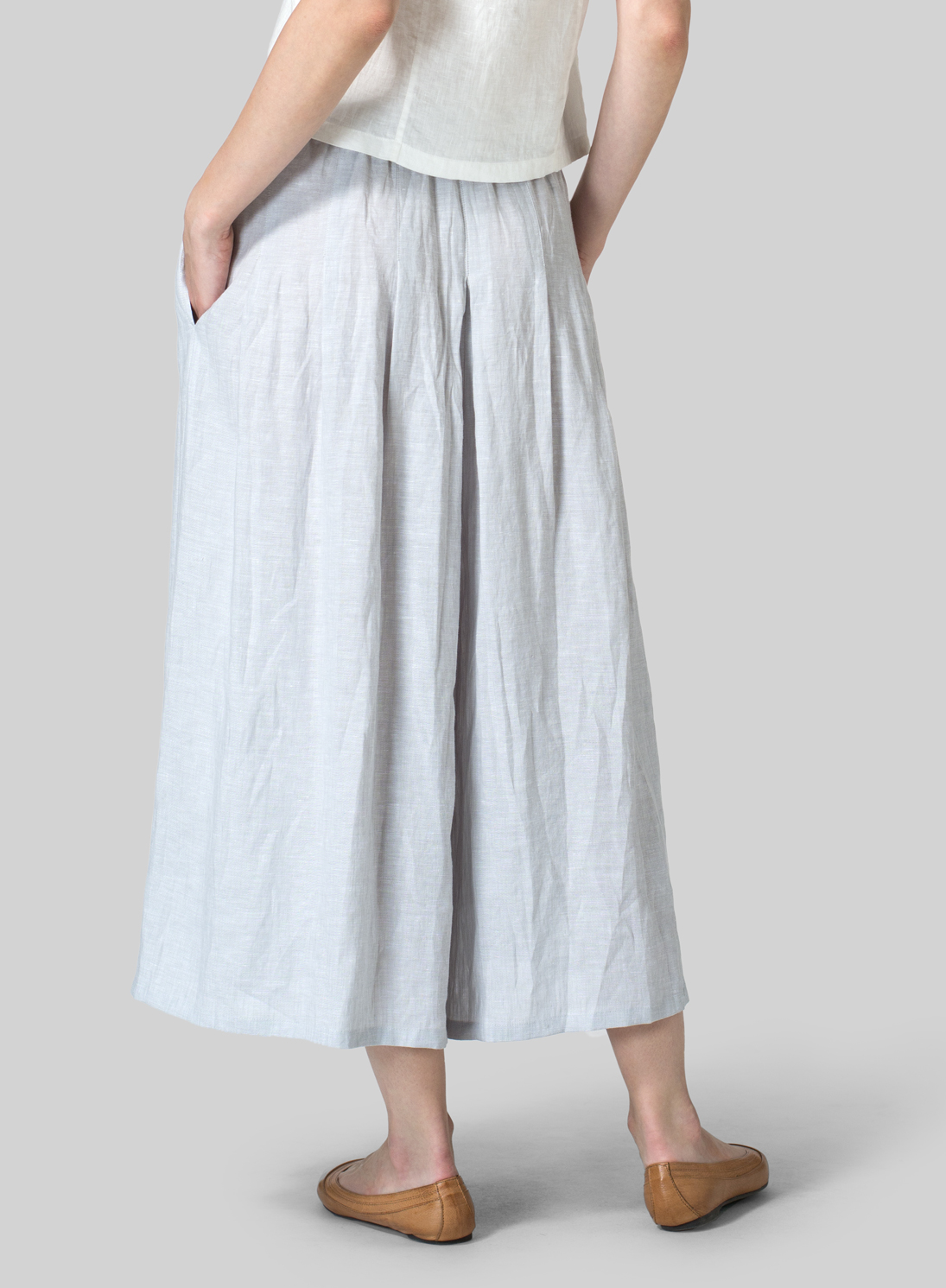 Warm Gray Linen Short Sleeve Pleated Blouse Set