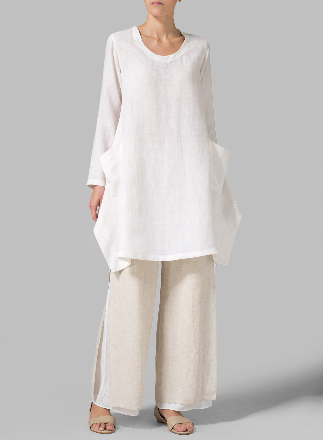 Off White Linen Long Sleeve Top - Plus Size