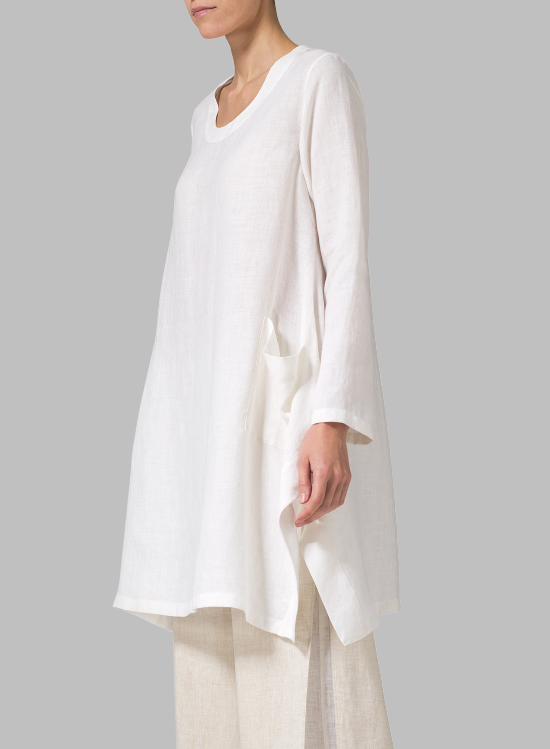 Off White Linen Long Sleeve Top - Plus Size